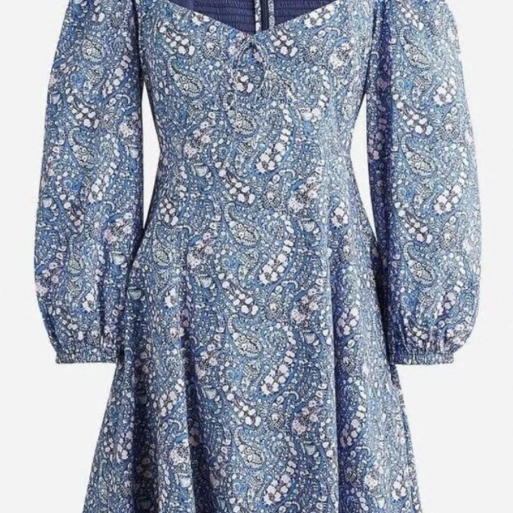 J. Crew Blue and White Ruffled Paisley Mini Dress with Long Puff Sleeves Size 2
